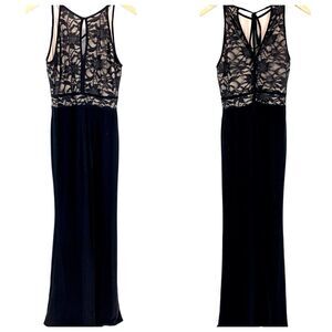 Morgan & Co. black lace mini maxi dress hi slit, Size 9/10